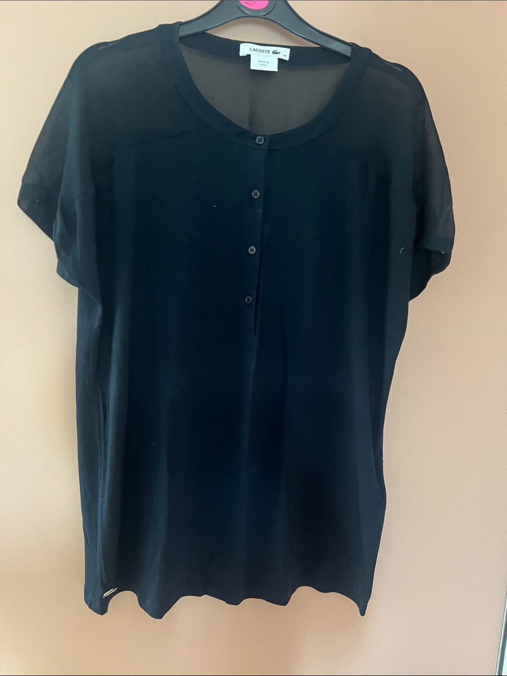 Lacoste Black Short Sleeve Button Henley Blouse